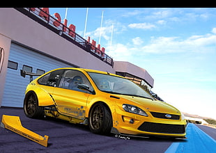 yellow Ford 3-door hatchback animation, car, yellow, tuning HD wallpaper
