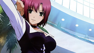 pink haired woman in white and purple long sleeve top anime character