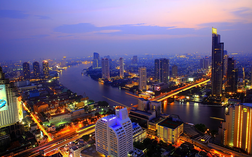 black high rise building, cityscape, river, skyscraper, lights HD wallpaper