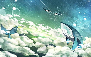 two person flying near whales on sky illustration, fantasy art, sky, whale, flying HD wallpaper