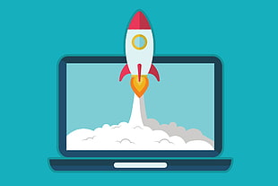 illustration of black laptop with red and white rocket