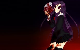 purple haired black dressed woman anime character HD wallpaper