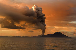 brown volcano, volcano, smoke, sunset, nature HD wallpaper