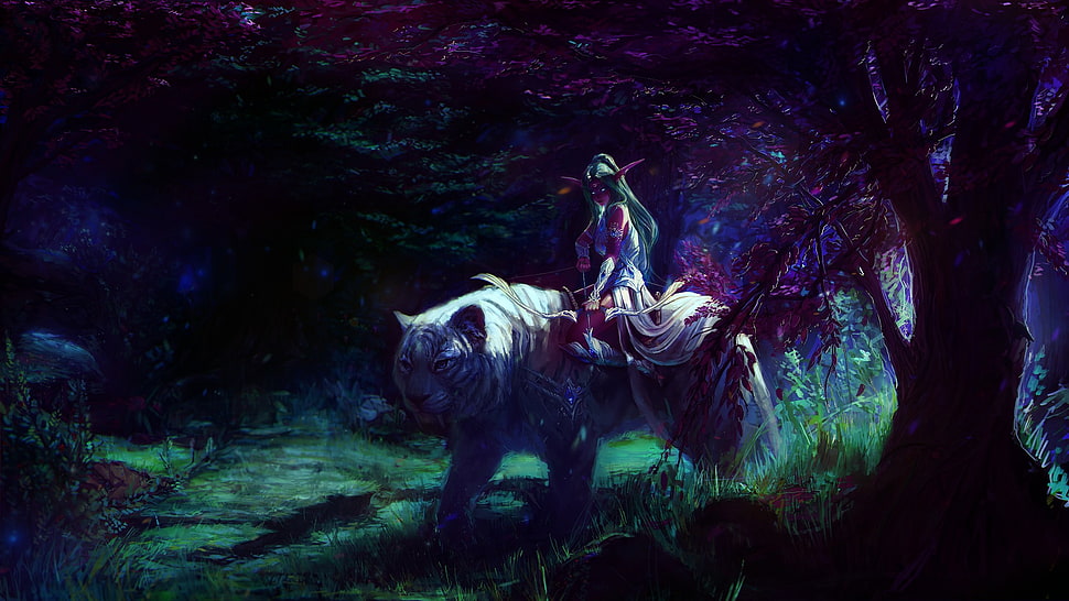 female character on white tiger, fantasy art, Tyrande, World of Warcraft HD wallpaper