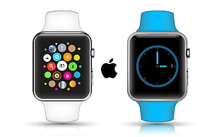 two silver Apple Watches with blue and white sport bands