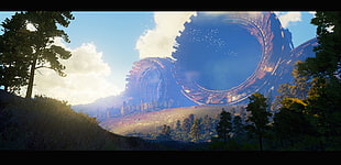 round structural work screenshot, field, city, trees, CGI HD wallpaper