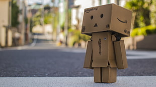 brown cardboard box puppet on ground