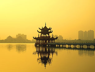 silhouette of pagoda structure on body of water