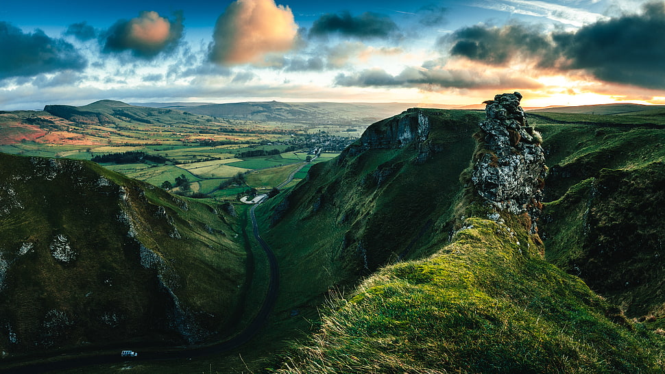 green hills, nature, trees, clouds, grass HD wallpaper