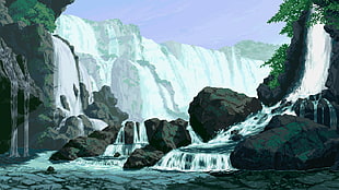 painting of waterfall, digital art, pixel art, pixels, pixelated HD wallpaper