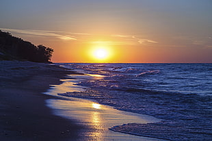 body of water, beach, sunlight, Lake Michigan, sunset HD wallpaper