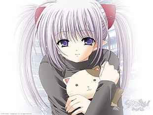 purple-haired anime character holding white and brown cat plush toy