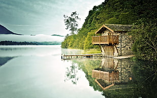 brown wooden lake dock, nature, reflection, lake, boathouses HD wallpaper