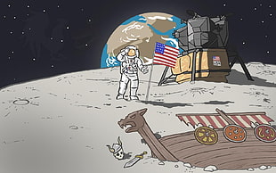 astronaut on moon illustration, humor HD wallpaper