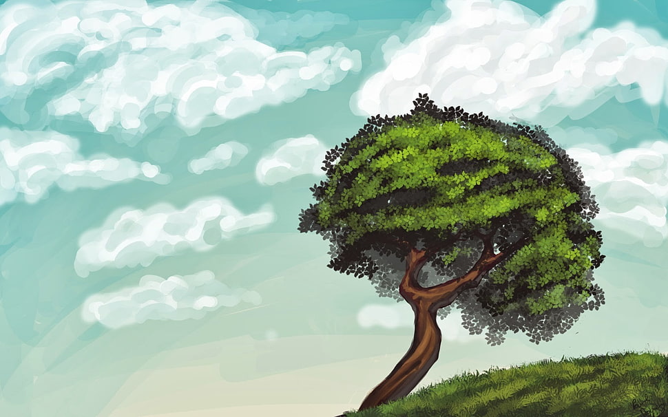 green leafed tree painting, trees, artwork, sky, clouds HD wallpaper