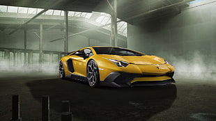 yellow Lamborghini coupe, Lamborghini, yellow, car, Lamborghini Aventador