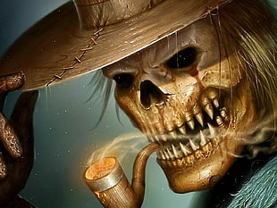 smoking skull illustration, creepy, evil, death, corpse