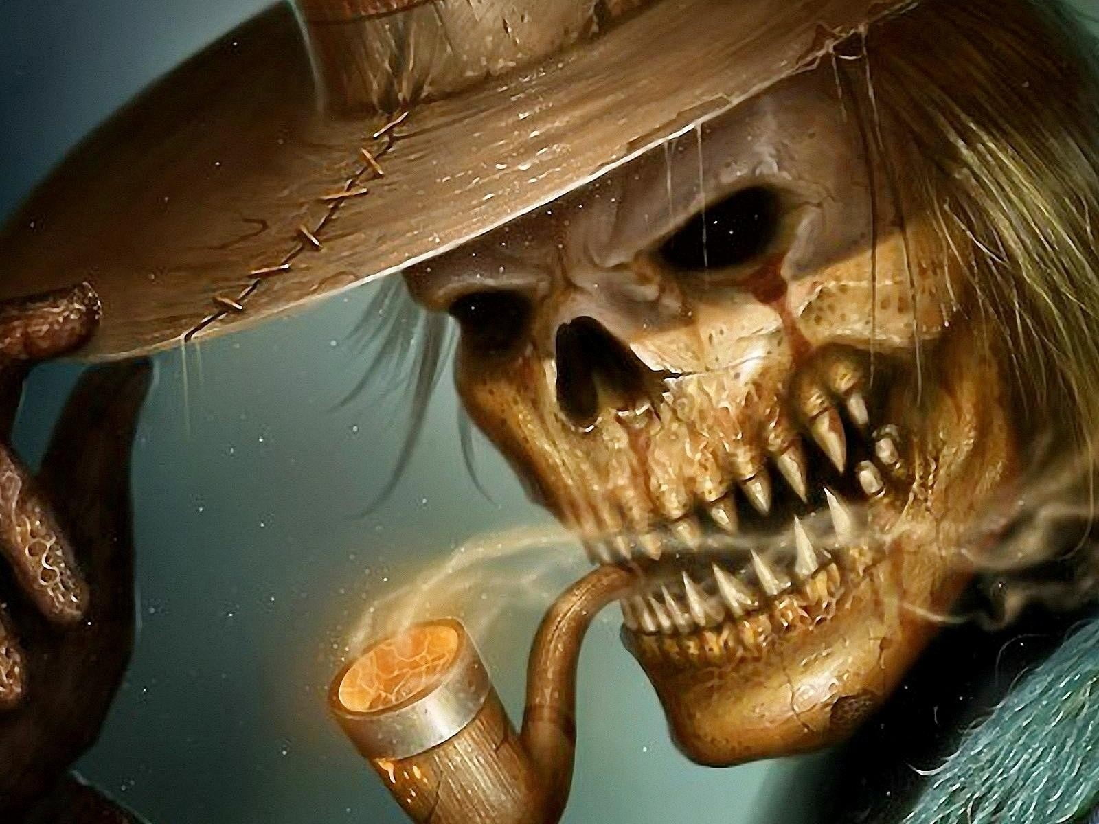 smoking skull illustration, creepy, evil, death, corpse