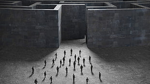 group of people entering a maze digital art, monochrome, surreal, digital art, people
