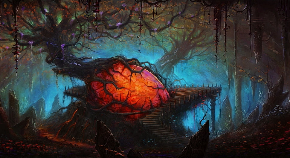 game digital wallpaper, fantasy art, forest, trees, heart HD wallpaper