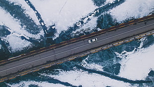 white sedan, landscape, bridge, snow, frozen river HD wallpaper
