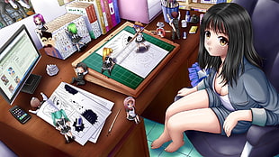 anime girl in gray dress shirt and black shorts sitting on chair near the desk digital wallpaper HD wallpaper