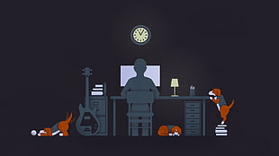 illustration of person infront of computer near guitar and three puppies