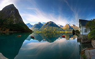 green hills, cabin, lake, water, Norway HD wallpaper