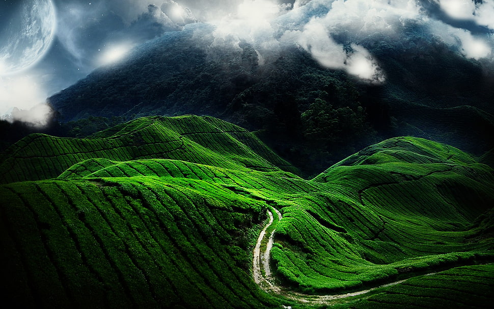 green mountain, nature, clouds, Moon, path HD wallpaper
