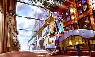girl with purple hair leaning on table anime illustration
