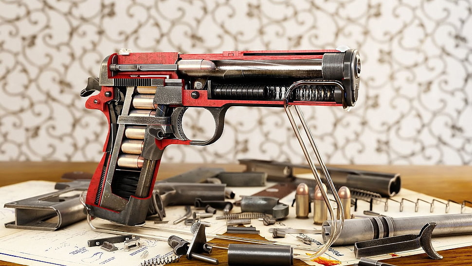red and gray semi-automatic pistol, M1911, weapon, gun, munition HD wallpaper