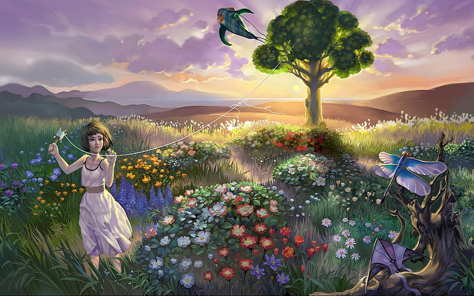 painting of woman playing kite in garden HD wallpaper