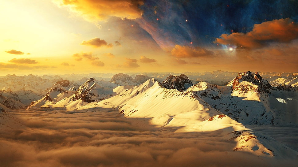 snow covered mountain, mountains, clouds, sunset, stars HD wallpaper