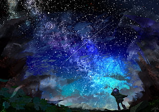 soldier under night sky, night, purple hair, short hair, sky HD wallpaper