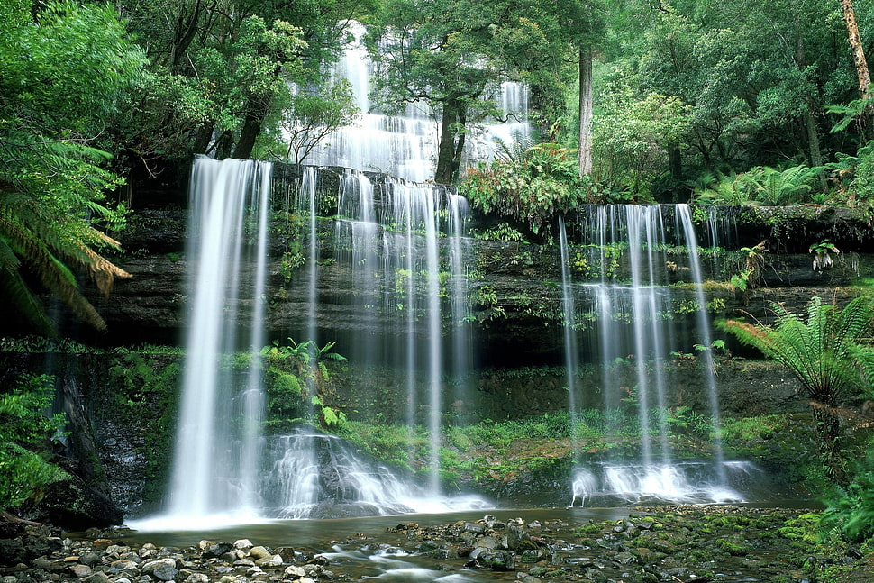 water falls on black rock, nature, landscape, trees, forest HD wallpaper