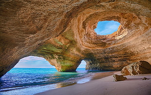 brown cave and body of water, Portugal, cave, beach, rock
