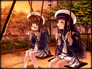 Card Captor Sakura and Mei sitting on outdoor swing at sunset HD wallpaper