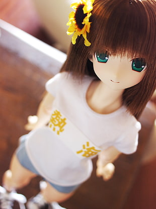 selective focus photography of Anime female character in white crew neck T-shirt toy