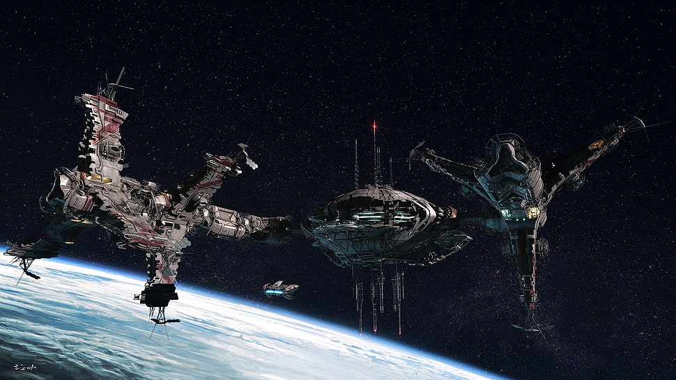 three gray spaceships in space digital wallpaper, science fiction, space station HD wallpaper