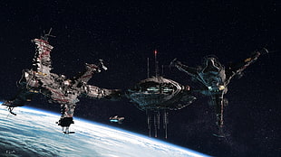 three gray spaceships in space digital wallpaper, science fiction, space station