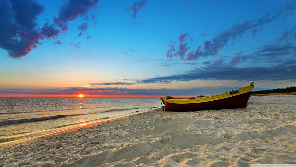 red and yellow wooden canoe, landscape, sunset, boat, beach HD wallpaper