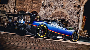 blue and black sports coupe, Pagani Zonda R, car, vehicle, supercars