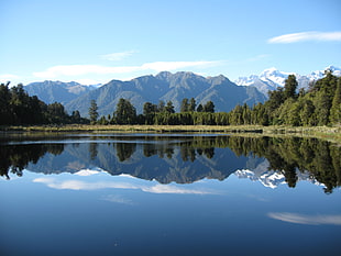 landscape photo of lake near green trees under blue sky during daytime, mirror lake