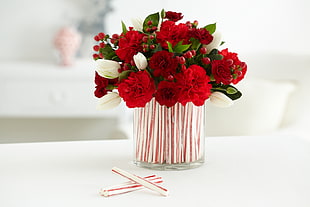 red Carnation and Rose and white Tulip flower centerpiece, tulips, carnations, holly