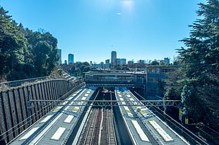 high angle shot of railroad near building