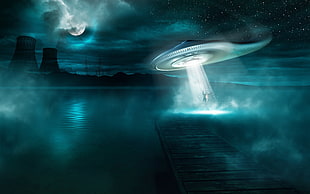 UFO digital wallpaper, Moon, water, night, spaceship