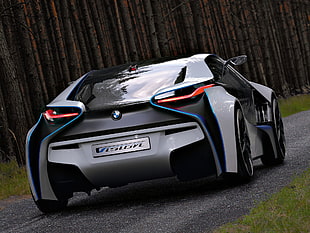 white, black, and gray BMW i8 on concrete road HD wallpaper