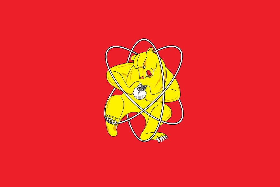 yellow bear illustration, Grizzly bear, minimalism, humor, atoms HD wallpaper