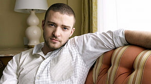 Justin Timberlake wearing white-and-gray button-up shirt