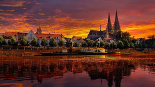 scenery of city building, Regensburg, sunset, Donau, river